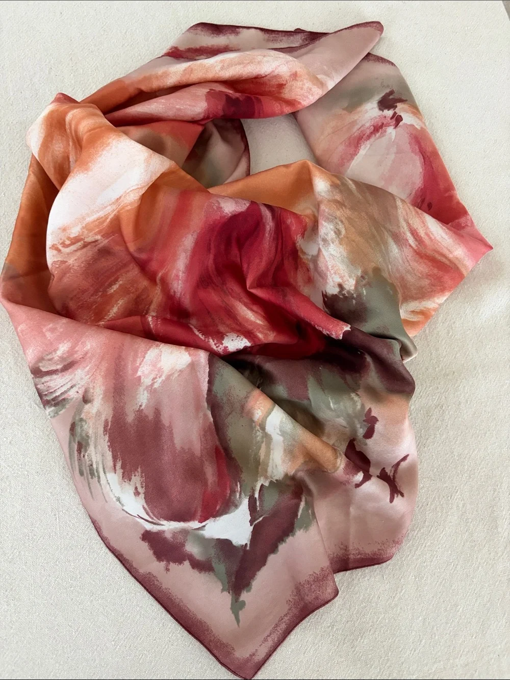 Silk-Feel Watercolor Print Scarf in Rose and Coral